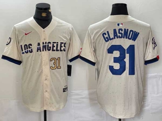 Men's MLB Los Angeles Dodgers #31 Tyler Glasnow Cream Gold Number 2024 City Connect Cool Base Nike Stitched Jersey