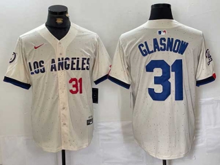 Men's MLB Los Angeles Dodgers #31 Tyler Glasnow Cream Red Number 2024 City Connect Cool Base Nike Stitched Jersey