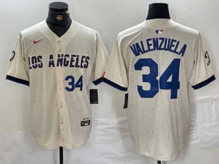 Men's MLB Los Angeles Dodgers #34 Toro Valenzuela Cream Blue Number 2024 City Connect Cool Base Nike Stitched Jersey