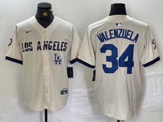 Men's MLB Los Angeles Dodgers #34 Toro Valenzuela Cream Logo 2024 City Connect Cool Base Nike Stitched Jersey