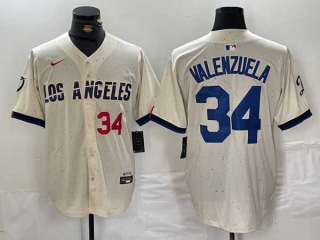 Men's MLB Los Angeles Dodgers #34 Toro Valenzuela Cream Red Number 2024 City Connect Cool Base Nike Stitched Jersey