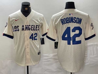 Men's MLB Los Angeles Dodgers #42 Jackie Robinson Cream Blue Number 2024 City Connect Cool Base Nike Stitched Jersey
