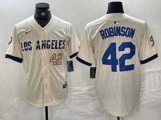 Men's MLB Los Angeles Dodgers #42 Jackie Robinson Cream Gold Number 2024 City Connect Cool Base Nike Stitched Jersey