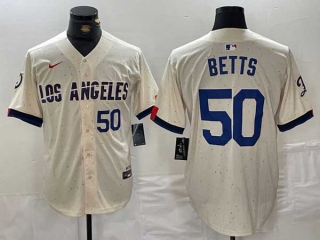 Men's MLB Los Angeles Dodgers #50 Mookie Betts Cream Blue Number 2024 City Connect Cool Base Nike Stitched Jersey