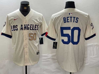 Men's MLB Los Angeles Dodgers #50 Mookie Betts Cream Gold Number 2024 City Connect Cool Base Nike Stitched Jersey