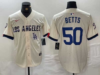 Men's MLB Los Angeles Dodgers #50 Mookie Betts Cream Logo 2024 City Connect Cool Base Nike Stitched Jersey