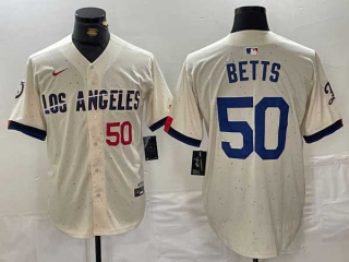 Men's MLB Los Angeles Dodgers #50 Mookie Betts Cream Red Number 2024 City Connect Cool Base Nike Stitched Jersey