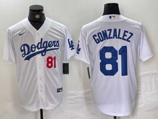 Men's MLB Los Angeles Dodgers #81 Victor Gonzalez White Red Number Cool Base Stitched Baseball Jersey