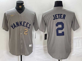 Men's MLB New York Yankees #2 Derek Jeter Gray Gold Number Cool Base Stitched Baseball Jersey