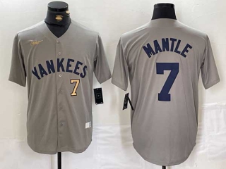 Men's MLB New York Yankees #7 Mickey Mantle Gray Gold Number Cool Base Stitched Baseball Jersey