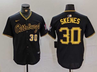 Men's MLB Pittsburgh Pirates #30 Paul Skenes Black Gold Number With Patch Cool Base Nike Stitched Jersey