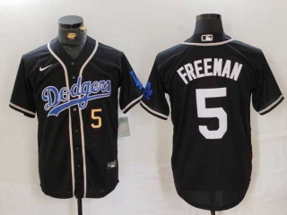 Men's MLB Los Angeles Dodgers #5 Freddie Freeman Black Gold Number Cool Base With Patch Stitched Baseball Jersey