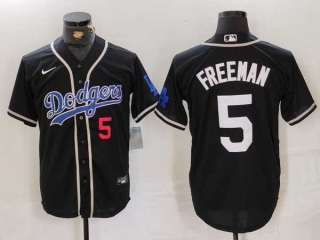 Men's MLB Los Angeles Dodgers #5 Freddie Freeman Black Red Number Cool Base With Patch Stitched Baseball Jersey