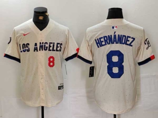 Men's MLB Los Angeles Dodgers #8 Kike Hernandez Cream Red Number 2024 City Connect Limited Stitched Jersey