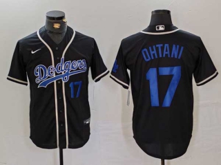 Men's MLB Los Angeles Dodgers #17 Shohei Ohtani Black Blue Number Cool Base With Patch Stitched Baseball Jersey