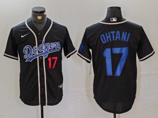 Men's MLB Los Angeles Dodgers #17 Shohei Ohtani Black Red Number Cool Base With Patch Stitched Baseball Jersey