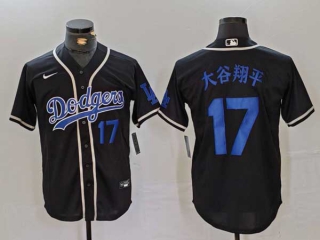 Men's MLB Los Angeles Dodgers #17 大谷翔平 Black Blue Number Cool Base With Patch Stitched Baseball Jersey