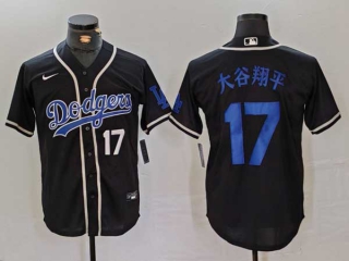 Men's MLB Los Angeles Dodgers #17 大谷翔平 Black White Number Cool Base With Patch Stitched Baseball Jersey