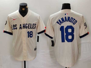 Men's MLB Los Angeles Dodgers #18 Yoshinobu Yamamoto Cream Blue Number 2024 City Connect Limited Stitched Jersey