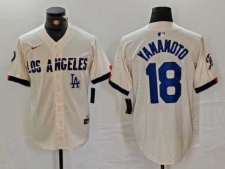 Men's MLB Los Angeles Dodgers #18 Yoshinobu Yamamoto Cream Logo 2024 City Connect Limited Stitched Jersey