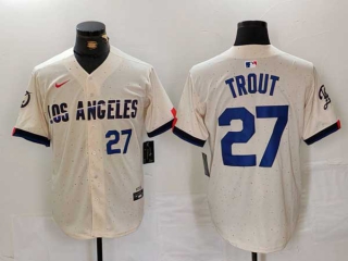 Men's MLB Los Angeles Dodgers #27 Mike Trout Cream Blue Number 2024 City Connect Limited Stitched Jersey