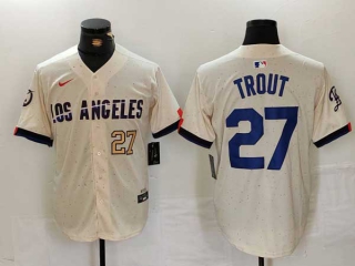 Men's MLB Los Angeles Dodgers #27 Mike Trout Cream Gold Number 2024 City Connect Limited Stitched Jersey