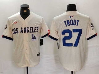 Men's MLB Los Angeles Dodgers #27 Mike Trout Cream Logo 2024 City Connect Limited Stitched Jersey