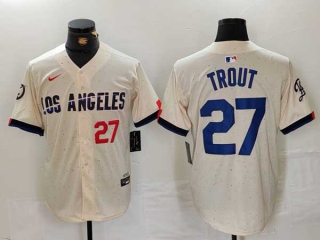 Men's MLB Los Angeles Dodgers #27 Mike Trout Cream Red Number 2024 City Connect Limited Stitched Jersey