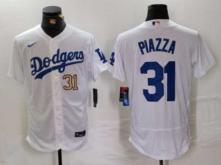 Men's MLB Los Angeles Dodgers #31 Mike Piazza White Gold Number Flex Base Stitched Nike Baseball Jersey