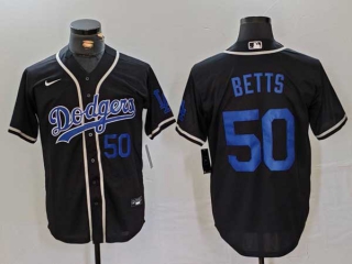 Men's MLB Los Angeles Dodgers #50 Mookie Betts Black Blue Number Cool Base With Patch Stitched Baseball Jersey