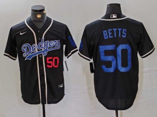 Men's MLB Los Angeles Dodgers #50 Mookie Betts Black Red Number Cool Base With Patch Stitched Baseball Jersey