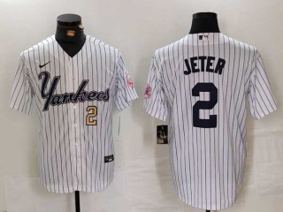 Men's MLB New York Yankees #2 Derek Jeter White Gold Number Pinstripe Fashion Cool Base Nike Stitched Vintage Jersey