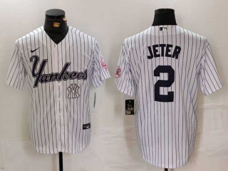 Men's MLB New York Yankees #2 Derek Jeter White Logo Pinstripe Fashion Cool Base Nike Stitched Vintage Jersey