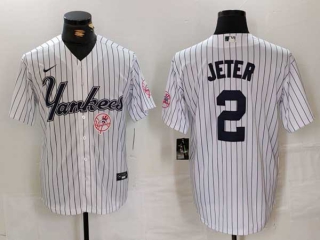 Men's MLB New York Yankees #2 Derek Jeter White Logo Pinstripe Fashion Cool Base Nike Stitched Vintage Jerseys