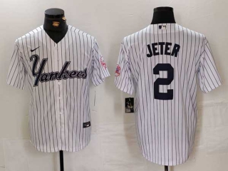 Men's MLB New York Yankees #2 Derek Jeter White Pinstripe Fashion Cool Base Nike Stitched Vintage Jersey