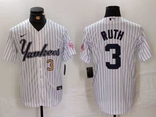 Men's MLB New York Yankees #3 Babe Ruth White Gold Number Pinstripe Fashion Cool Base Nike Stitched Vintage Jersey