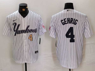 Men's MLB New York Yankees #4 Lou Gehrig White Gold Number Pinstripe Fashion Cool Base Nike Stitched Vintage Jersey