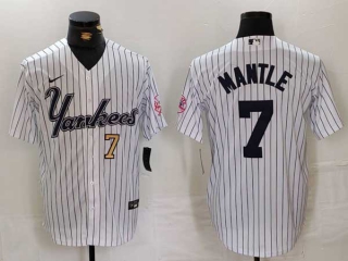 Men's MLB New York Yankees #7 Mickey Mantle White Gold Number Pinstripe Fashion Cool Base Nike Stitched Vintage Jersey