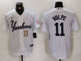 Men's MLB New York Yankees #11 Anthony Volpe White Gold Number Pinstripe Fashion Cool Base Nike Stitched Vintage Jersey