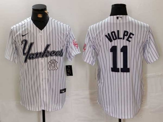 Men's MLB New York Yankees #11 Anthony Volpe White Logo Pinstripe Fashion Cool Base Nike Stitched Vintage Jersey