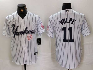 Men's MLB New York Yankees #11 Anthony Volpe White Logo Pinstripe Fashion Cool Base Nike Stitched Vintage Jerseys