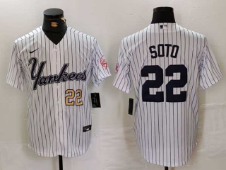 Men's MLB New York Yankees #22 Juan Soto White Gold Number Pinstripe Fashion Cool Base Nike Stitched Vintage Jersey