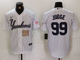 Men's MLB New York Yankees #99 Aaron Judge White Gold Number Pinstripe Fashion Cool Base Nike Stitched Vintage Jersey