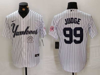 Men's MLB New York Yankees #99 Aaron Judge White Logo Pinstripe Fashion Cool Base Nike Stitched Vintage Jersey