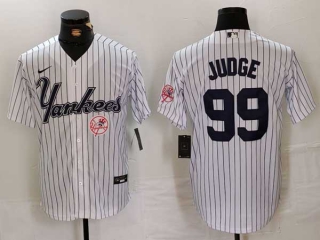 Men's MLB New York Yankees #99 Aaron Judge White Logo Pinstripe Fashion Cool Base Nike Stitched Vintage Jerseys