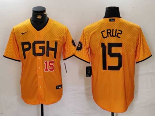 Men's MLB Pittsburgh Pirates #15 Oneil Cruz Yellow Red Number 2023 City Connect Limited Nike Stitched Jersey