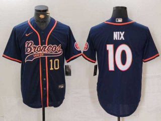 Men's NFL Denver Broncos #10 Bo Nix Navy Gold Number Cool Base Stitched Nike Baseball Jersey