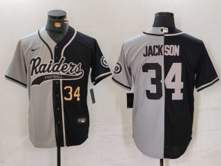 Men's NFL Las Vegas Raiders #34 Bo Jackson Grey Black Gold Number Split Cool Base Stitched Nike Baseball Jersey