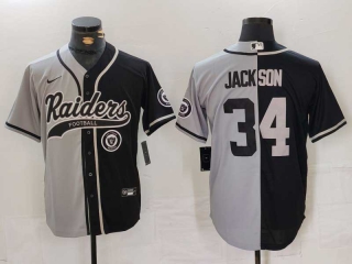 Men's NFL Las Vegas Raiders #34 Bo Jackson Grey Black Logo Split Cool Base Stitched Nike Baseball Jersey