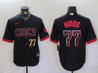 Men's MLB Cincinnati Reds #77 Rece Hinds Black Gold Number 2023 City Connect Cool Base Stitched Nike Baseball Jersey